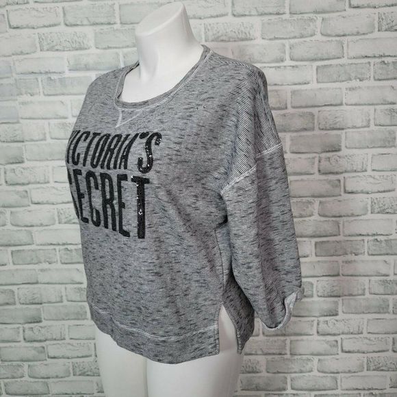 Victorias Secret Size L Black White Striped Sequin Logo Sweatshirt 3/4 Sleeve - Picture 2 of 7